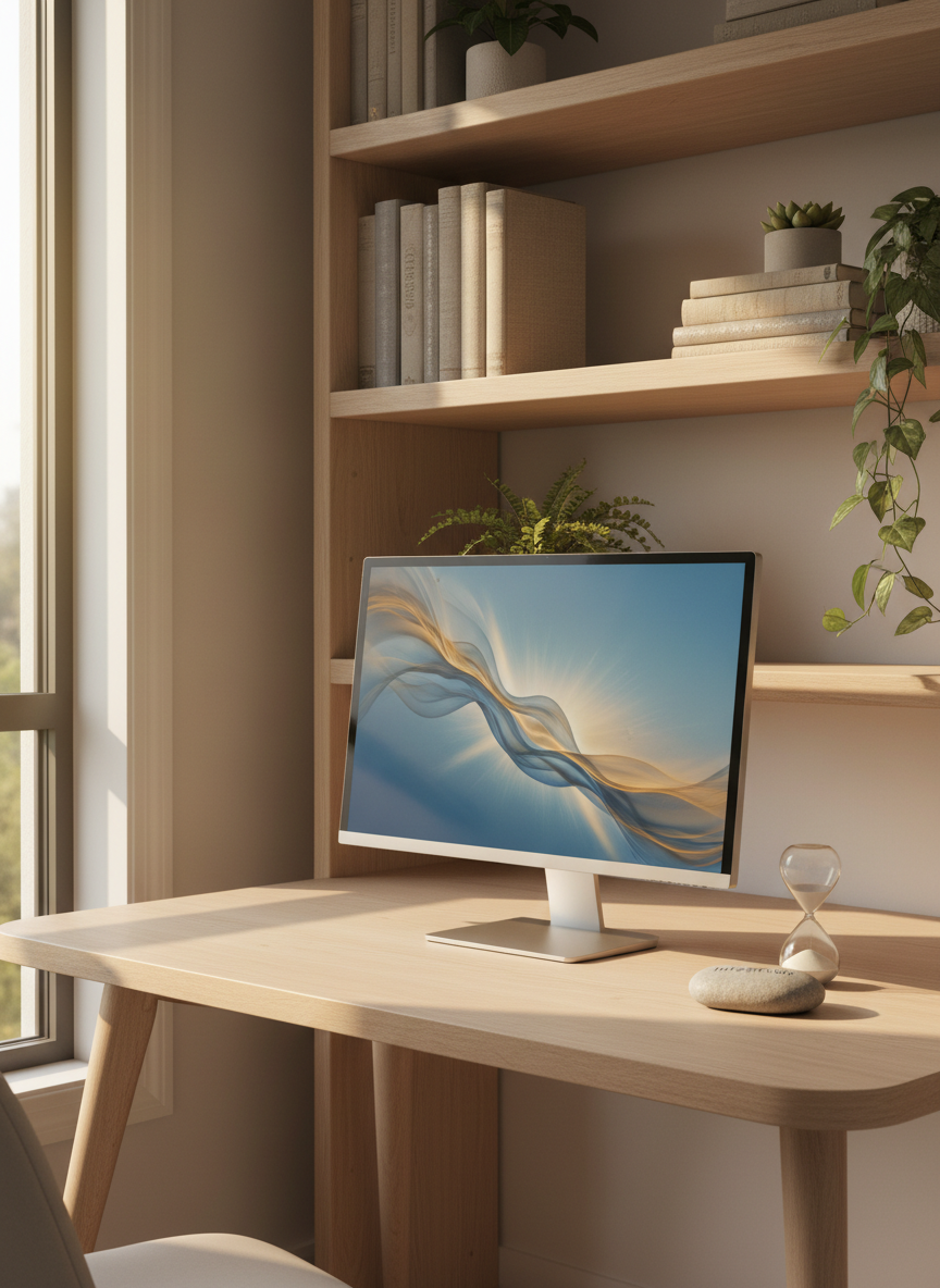 A serene, uncluttered home office corner features a pale ash-wood desk with rounded edges, holding a slim, silver monitor that displays a softly blurred abstract gradient in uplifting blues and golds. Beside it, a small, sand-colored hourglass and a smooth river stone engraved with the word “intention” rest on the desktop. A tall bookshelf in the background holds a carefully spaced collection of neutral-toned books and a few plants. Warm golden-hour light pours in from a side window, creating soft highlights on the wood grain and subtle shadows. Shot from a three-quarter angle, the composition follows the rule of thirds, conveying balance, calm, and purposeful living in a clean, photographic realism style.