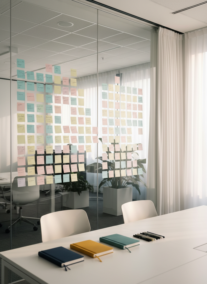 A large glass wall in a modern office space is covered with neatly arranged pastel sticky notes, color-coded into clear clusters that form a structured pathway of ideas. Below, a smooth white table holds three closed notebooks in navy, mustard, and teal, stacked beside a set of fine-tipped pens aligned in a row. Diffused afternoon daylight filters through sheer curtains, giving the scene a soft, even illumination with gentle reflections on the glass. Captured from a slightly elevated angle, the focus highlights the clarity of the notes while the rest of the room recedes softly. The atmosphere is organized, hopeful, and strategic, embodying thoughtful planning and intentional growth in a photographic, contemporary style.