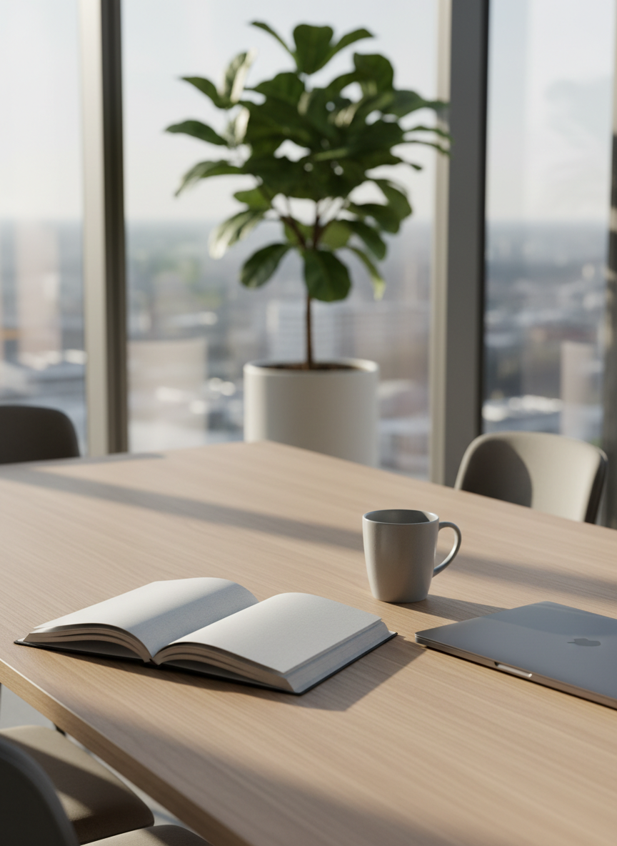 An elegant wooden conference table with a smooth, light-oak surface is neatly arranged with an open linen-textured notebook, a matte charcoal laptop, and a single ceramic mug in soft dove gray. A large, leafy plant in a white planter stands in the background near a floor-to-ceiling window. Soft morning sunlight streams in, casting gentle, elongated shadows and creating a calm, hopeful glow across the table. Photographed at eye level with a shallow depth of field, the foreground objects are crisp while the background blurs into soft bokeh. The mood is professional yet warm, suggesting clarity, focus, and intention. The style is clean, photographic realism with a modern, minimalist aesthetic suitable for leadership coaching.